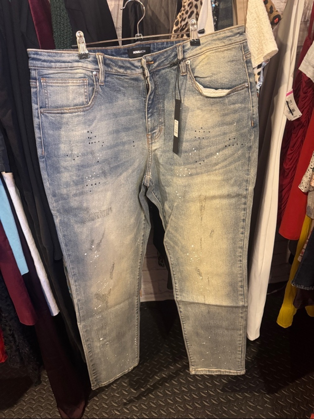 Nova Men • NWT $65 Ripped and Bleach splatted stacked Slim Flare Jean - Picture 4 of 5